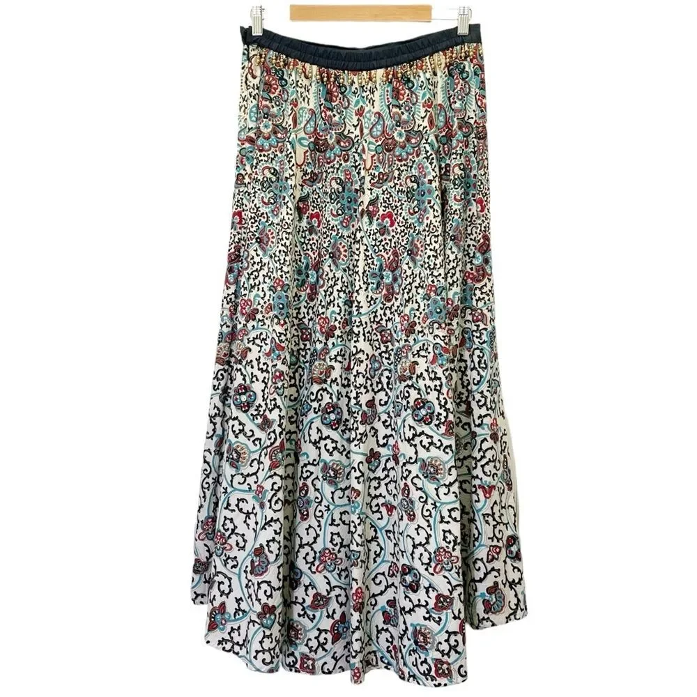Coldwater Creek Size Medium Maxi Skirt Beaded Trim Peasant Boho Black Red Aqua